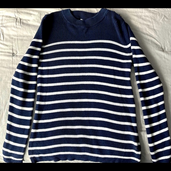 GAP long sleeve sweater. Blue with white stripes and buttons on top. Medium. - Picture 2 of 3